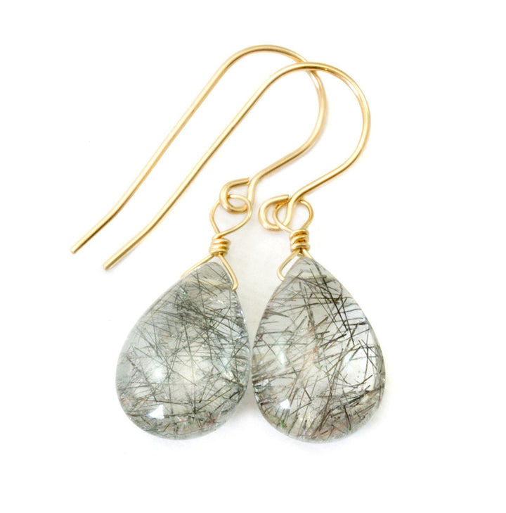 Black Rutile Tourmalated Quartz Earrings Smooth Dangle Rutilated Teardrops 14k Solid Gold or Filled or Sterling Silver Pear Simple Drop