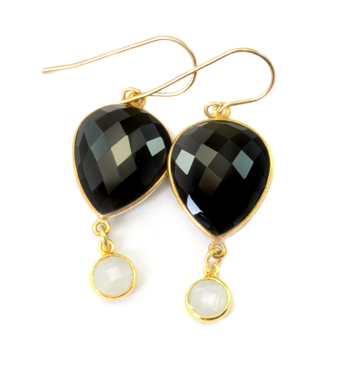 Black Spinel Moonstone Earrings Bezel Faceted Large Teardrop 14k Solid Yellow Gold or Filled Rainbow Blue Moonstones Double natural drops