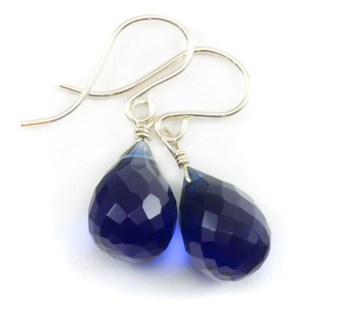 Cobalt Blue Kashmir Simulated Sapphire Earrings Faceted Briolette Drops Sterling Silver or 14k Solid Gold or Fill Rounded Drop Small Dainty