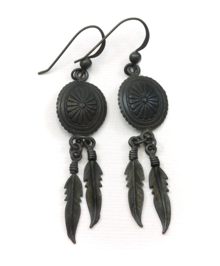 Black Oxidized Sterling Silver Earrings Indian Design Dangle Feathers Patterned Oval Long Lightweight Dangles