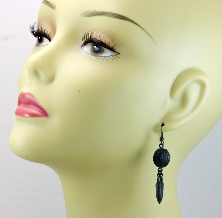 Black Oxidized Sterling Silver Earrings Indian Design Dangle Feathers Patterned Oval Long Lightweight Dangles