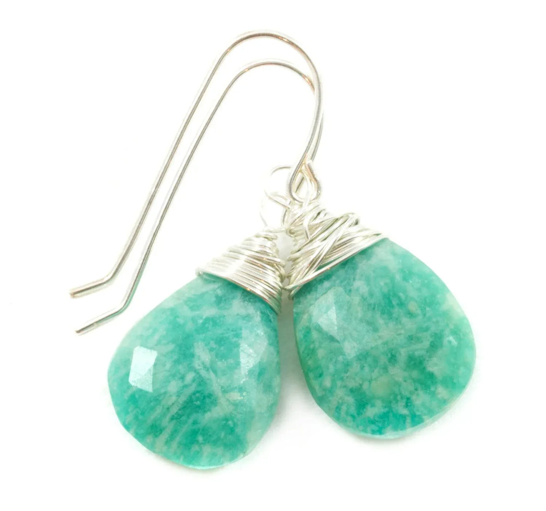 Amazonite Earrings Blue Green Faceted Sterling Silver or 14k Solid Gold or Rose Gold Filled Natural Pear Messy Wire Wrapped Soft Teal color - Spyglass Designs