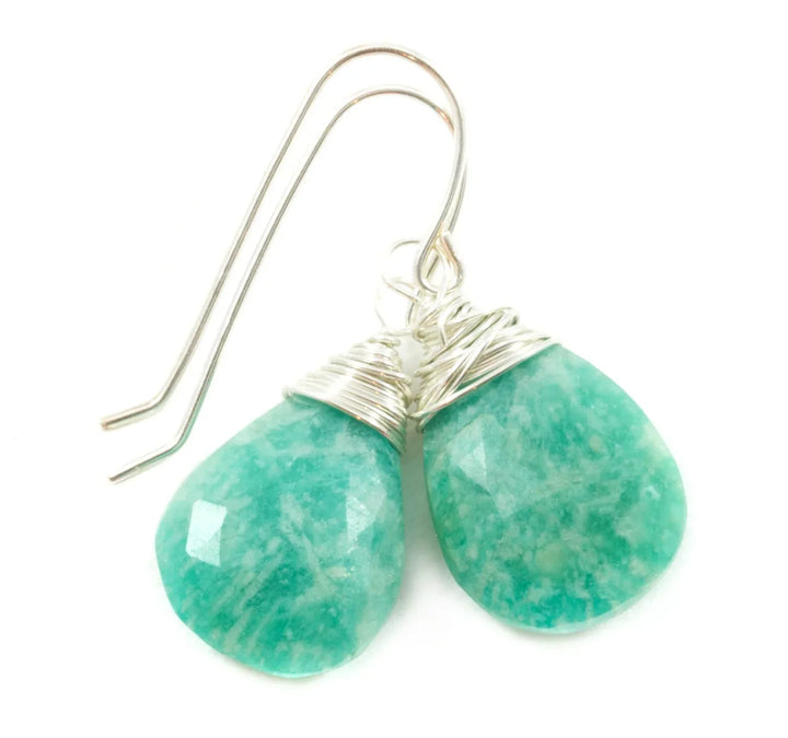 Amazonite Earrings Blue Green Faceted Sterling Silver or 14k Solid Gold or Rose Gold Filled Natural Pear Messy Wire Wrapped Soft Teal color - Spyglass Designs