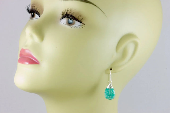 Amazonite Earrings Blue Green Faceted Sterling Silver or 14k Solid Gold or Rose Gold Filled Natural Pear Messy Wire Wrapped Soft Teal color - Spyglass Designs