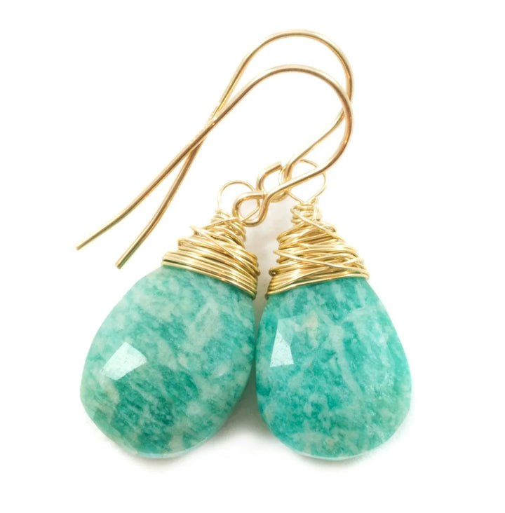 Amazonite Earrings Blue Green Faceted Sterling Silver or 14k Solid Gold or Rose Gold Filled Natural Pear Messy Wire Wrapped Soft Teal color - Spyglass Designs