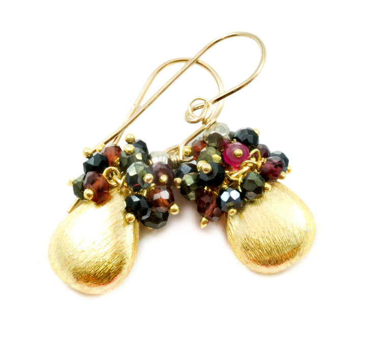 Gold Cluster Earrings 14k gold filled Ear Wires Garnet Topaz Black Spinel Andalusite Clusters Multiple Gemstones Brushed Gold Pear Shape