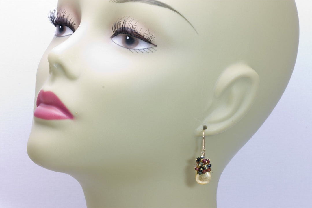 Gold Cluster Earrings 14k gold filled Ear Wires Garnet Topaz Black Spinel Andalusite Clusters Multiple Gemstones Brushed Gold Pear Shape