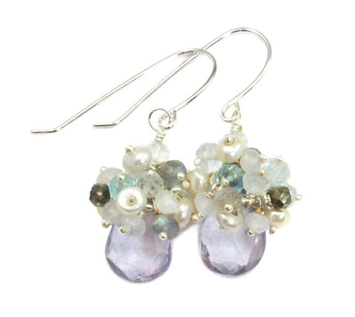 Blue Topaz Cluster Earrings Seed Pearls Labradorite Spinel Moonstone Sterling Silver or 14k solid Gold or Filled Clusters Spyglass Designs