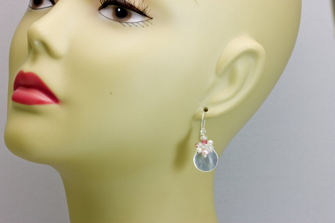 Mother of Pearl Earrings White Teardrop Cluster Natural 14k Solid Gold or Filled or Sterling Silver Seed Pearls Pink Topaz Moonstone MOP