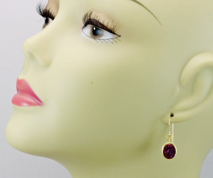 Drusy Earrings Purple Oval AAA Druzy Teardrop 14k Gold Filled Brushed Matt 14k Vermeil Gold Drops Classic Simple Drops Natural Quartz