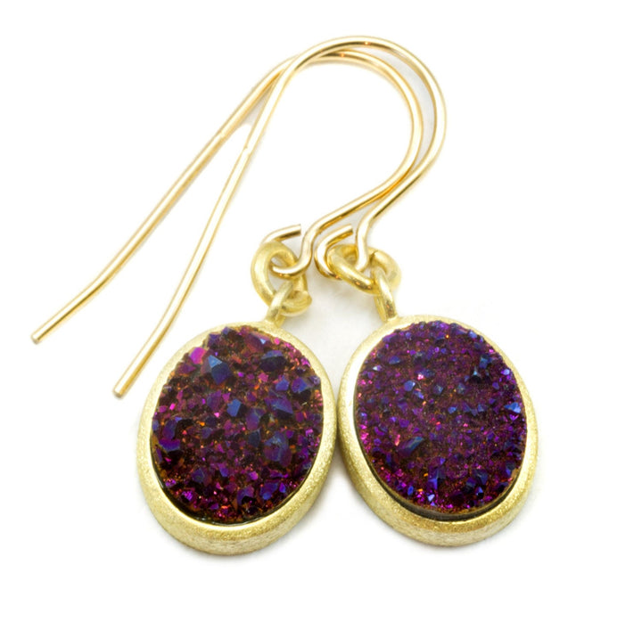 Drusy Earrings Purple Oval AAA Druzy Teardrop 14k Gold Filled Brushed Matt 14k Vermeil Gold Drops Classic Simple Drops Natural Quartz