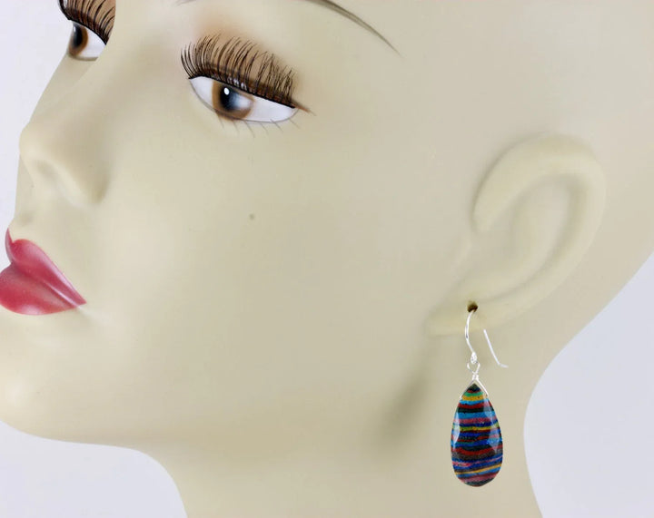 Rainbow Calsilica Earrings Faceted Teardrop Long Briolettes Drop Sterling Silver or 14k Gold Filled Striped Multiple Colors Blue Yellow Red - Spyglass Designs