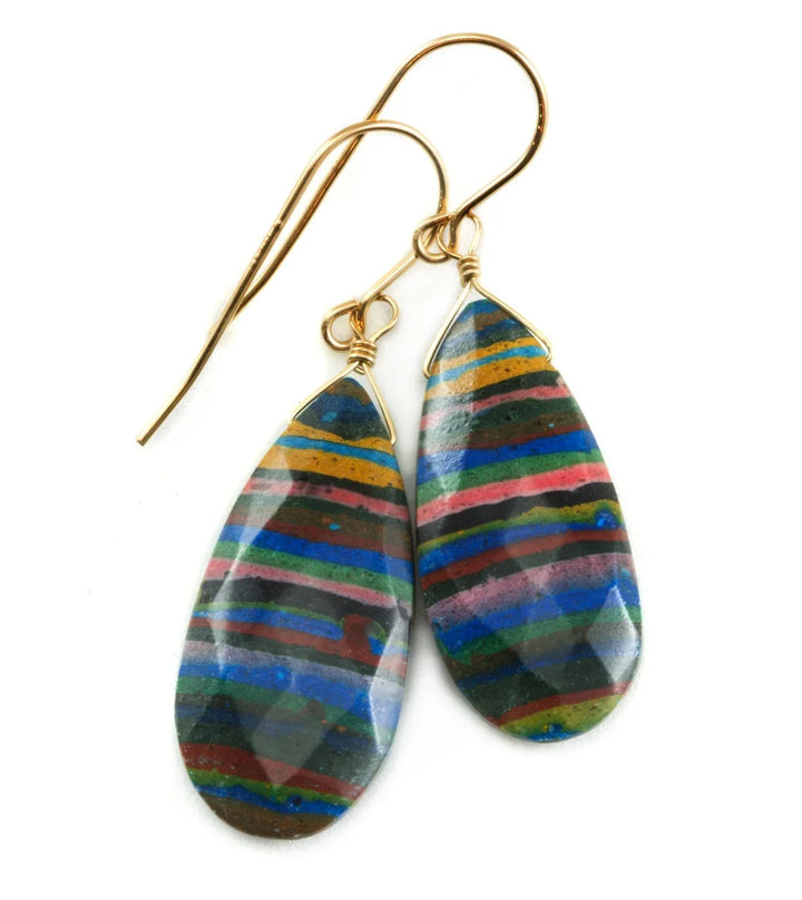 Rainbow Calsilica Earrings Faceted Teardrop Long Briolettes Drop Sterling Silver or 14k Gold Filled Striped Multiple Colors Blue Yellow Red - Spyglass Designs