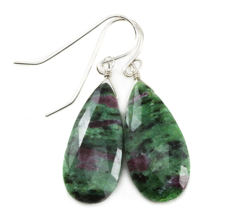 Red Ruby Zoisite Anyolite Earrings Faceted Teardrop Long Drops Sterling Silver or 14k Solid Yellow Gold or Filled Natural Large Green Red