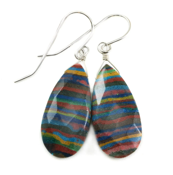 Rainbow Calsilica Earrings Faceted Teardrop Long Briolettes Drop Sterling Silver or 14k Gold Filled Striped Multiple Colors Blue Yellow Red - Spyglass Designs