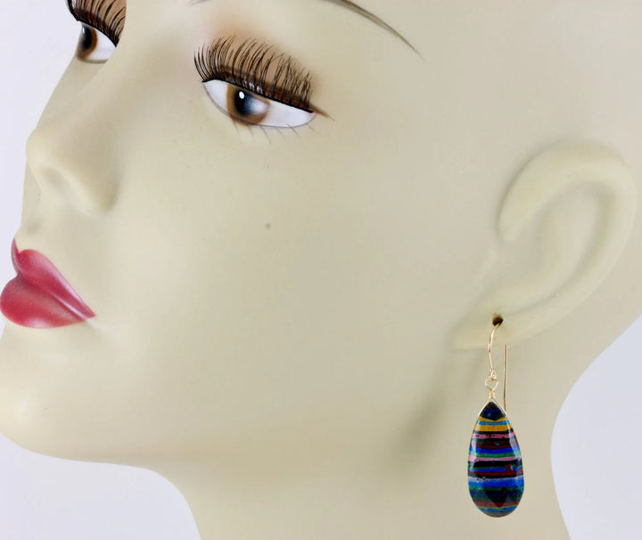 Rainbow Calsilica Earrings Faceted Teardrop Long Briolettes Drop Sterling Silver or 14k Gold Filled Striped Multiple Colors Blue Yellow Red - Spyglass Designs