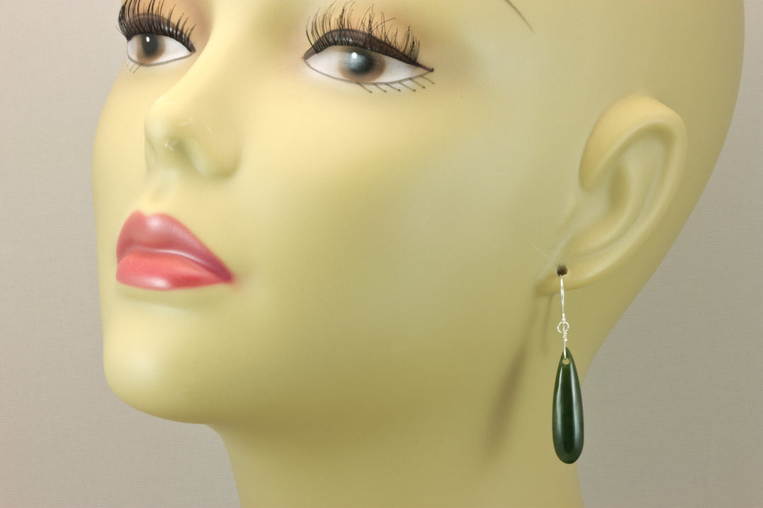 Jade Earrings Natural Green Nephrite Smooth Long Teardrop Drops 14k Solid Gold or Filled or Sterling Silver Earthy Rich Classic Simple Drops