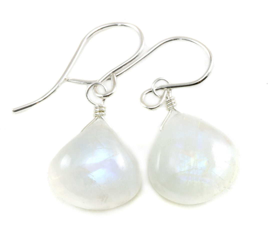 Rainbow Blue Moonstone Earrings Sterling Silver or 14k Solid Gold or Filled Smooth Heart Teardrop Natural Real Quality Simple Dainty Drops