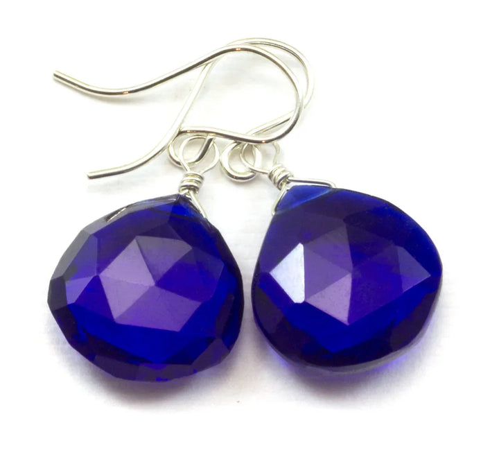 Cobalt Blue Kashmir Sapphire Earrings Simulated Faceted Briolette Drops Sterling Silver or 14k Solid Gold or Filled Rich Color Heart Shaped - Spyglass Designs