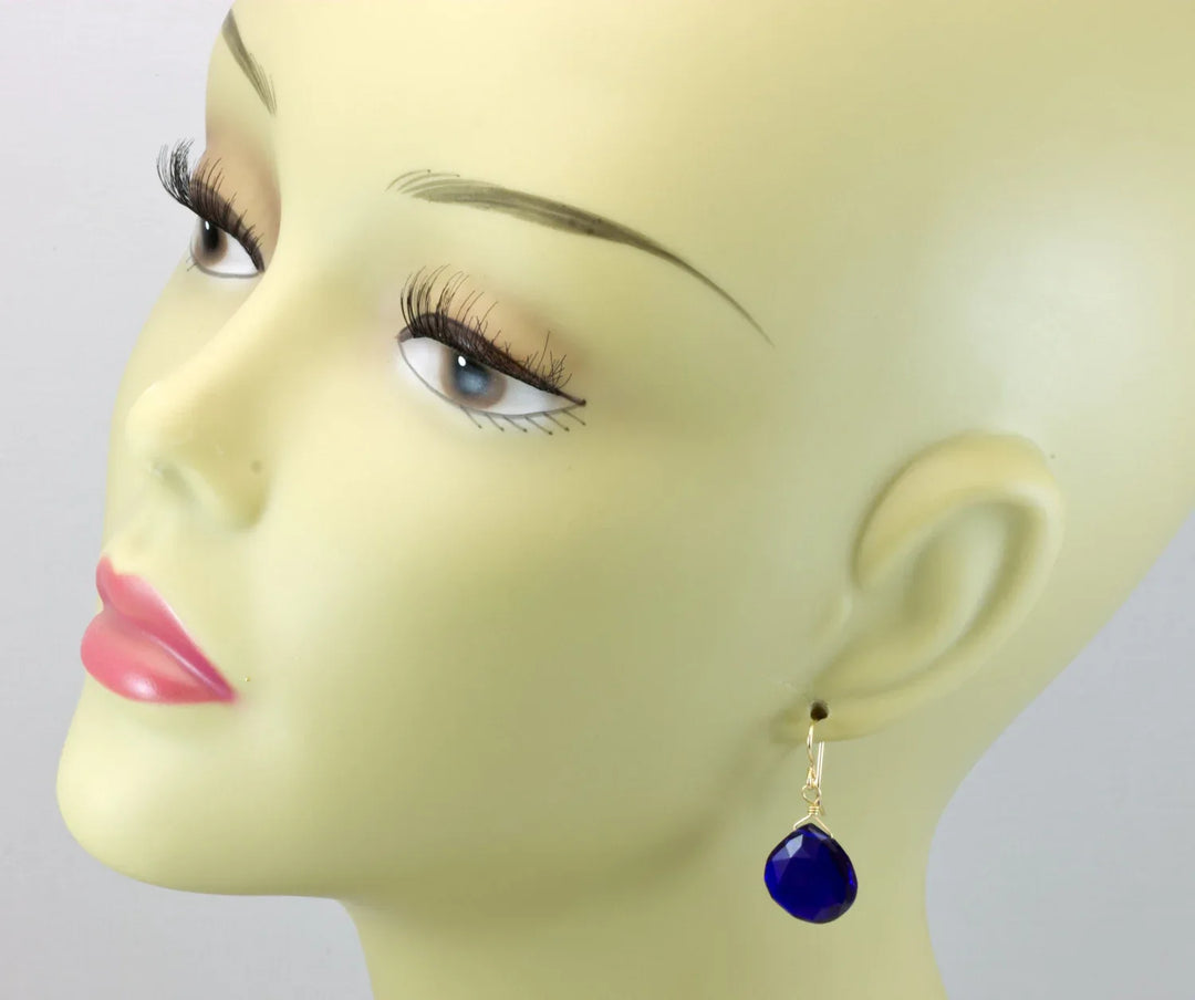 Cobalt Blue Kashmir Sapphire Earrings Simulated Faceted Briolette Drops Sterling Silver or 14k Solid Gold or Filled Rich Color Heart Shaped - Spyglass Designs