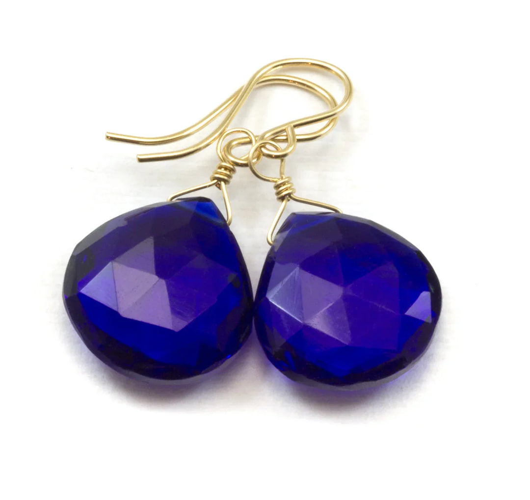 Cobalt Blue Kashmir Sapphire Earrings Simulated Faceted Briolette Drops Sterling Silver or 14k Solid Gold or Filled Rich Color Heart Shaped - Spyglass Designs