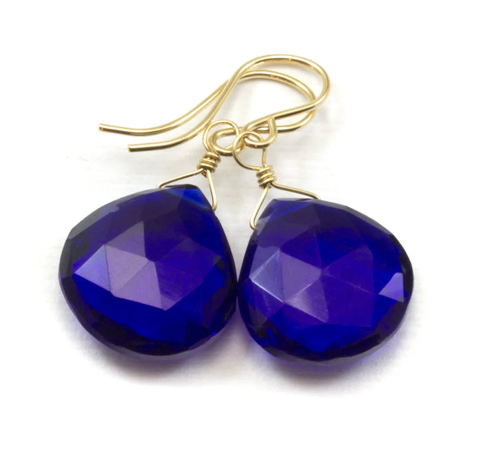 Cobalt Blue Kashmir Sapphire Earrings Simulated Faceted Briolette Drops Sterling Silver or 14k Solid Gold or Filled Rich Color Heart Shaped - Spyglass Designs