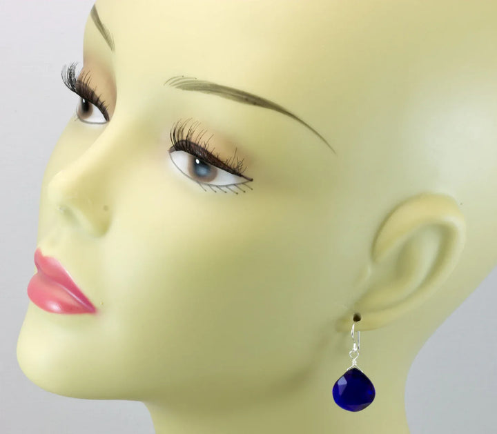 Cobalt Blue Kashmir Sapphire Earrings Simulated Faceted Briolette Drops Sterling Silver or 14k Solid Gold or Filled Rich Color Heart Shaped - Spyglass Designs