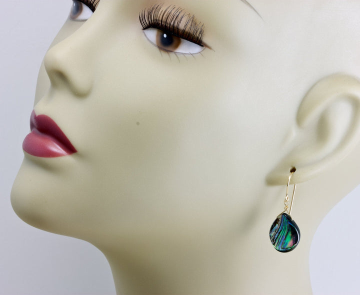 Abalone Paua Shell Teardrop Earrings Natural Peacock 14k Solid Gold or Filled or Sterling Silver Curved Drops Blue Green Iridescent MOP