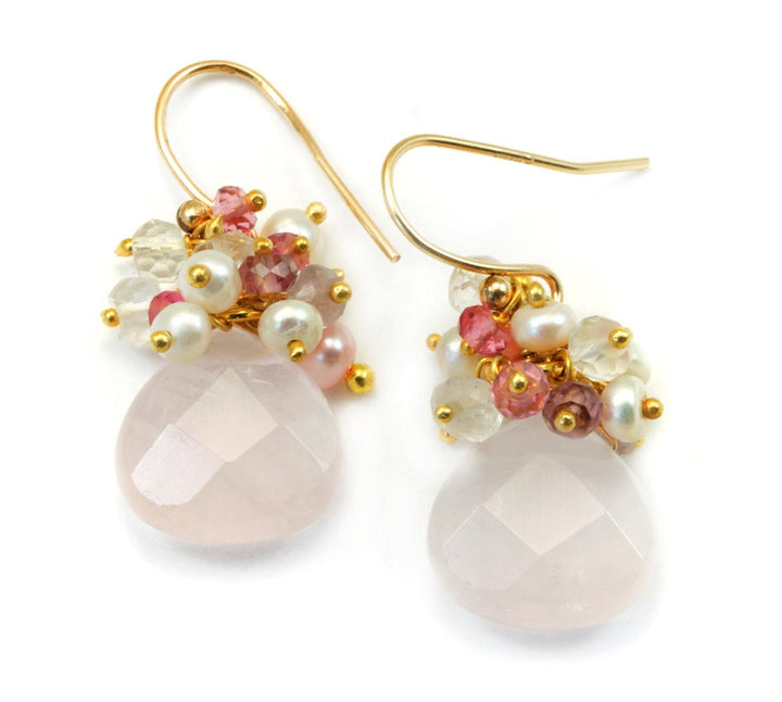 Rose Quartz Earrings Cluster Style Seed Pearl Moonstone Amethyst Pink Topaz Sterling Silver or 14k Solid Gold or Filled Faceted Clusters