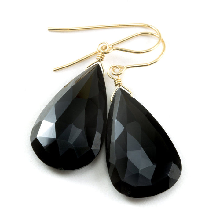 Spinel Earrings Black Large Teardrop Faceted Earrings Briolettes 14k solid Gold or Filled Simple Long Fat Drops French earwires Classic Drop