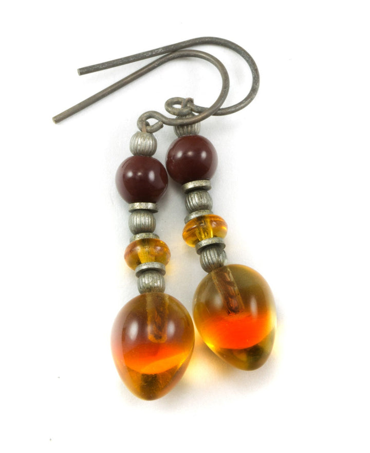 Vintage Czech Glass Yellow Amber Briolette Earrings Black Oxidized Sterling Silver Long Drops Art Deco