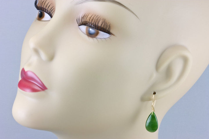 Jade Earrings Natural Green Nephrite Simple Teardrop Smooth Sterling Silver or 14k Solid Gold or Filled Simple Dainty Lightweight Drops