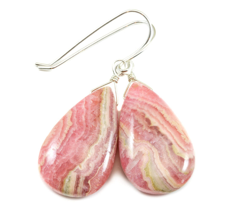 Natural Pink Rhodochrosite Earrings Smooth Large Long Teardrops Dangle Drops Sterling Silver or 14k Solid Gold or Filled AAAA Quality Simple
