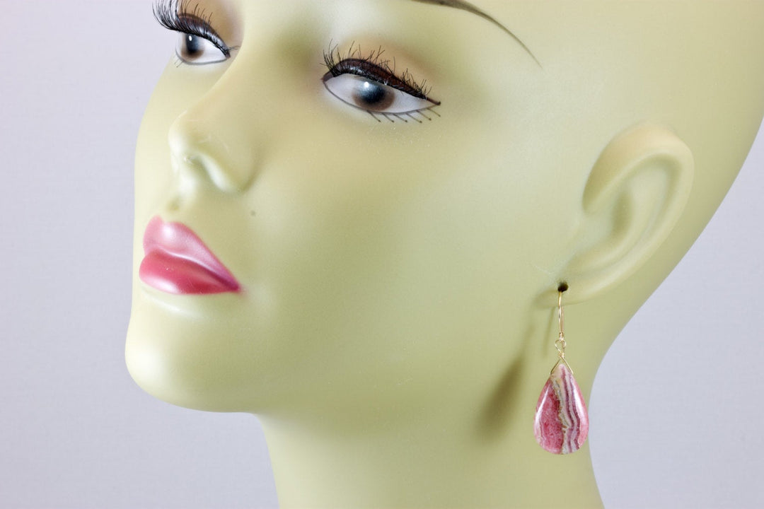 Natural Pink Rhodochrosite Earrings Smooth Large Long Teardrops Dangle Drops Sterling Silver or 14k Solid Gold or Filled AAAA Quality Simple