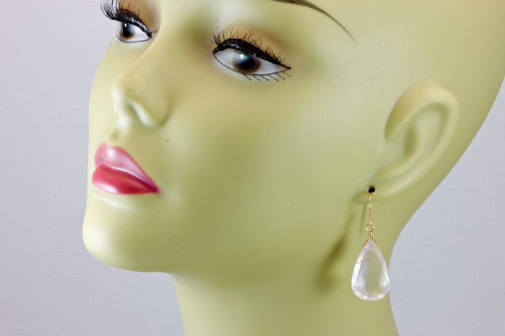 Rose Quartz Earrings X Large Soft Pink Briolette Long Teardrop Dangle Sterling Silver or 14k Solid Yellow Gold or Filled Natural Classic