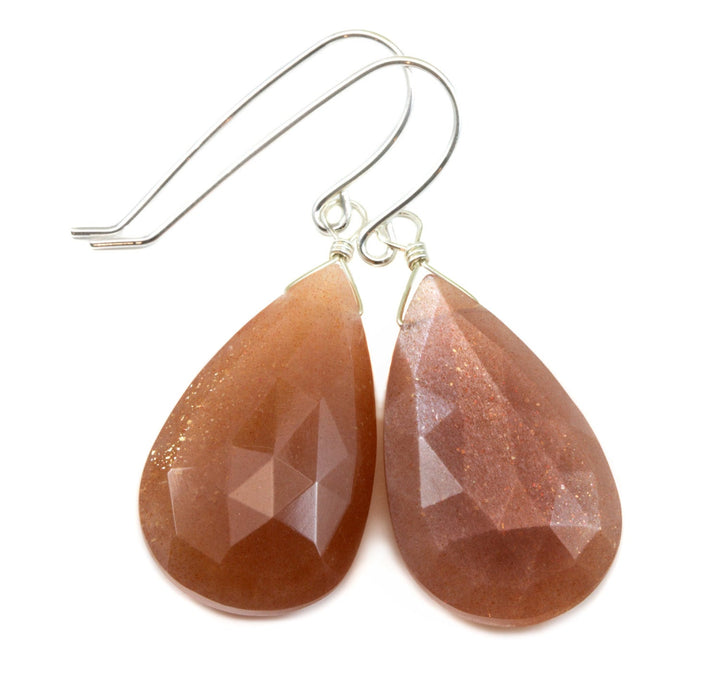 Peach Moonstone Earrings Large Fat Briolette Long Sterling Silver or 14k Solid Gold or Filled Faceted Teardrops huge long natural Drop