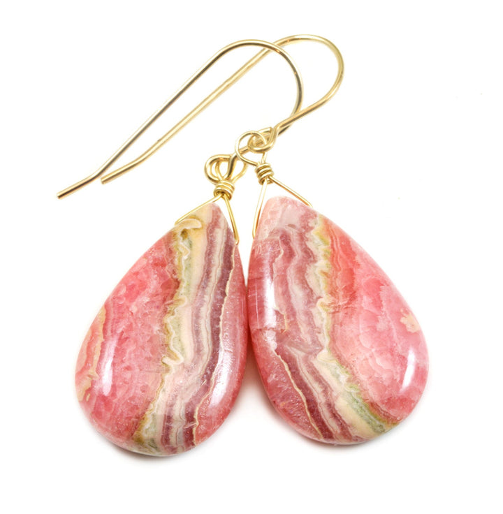 Natural Pink Rhodochrosite Earrings Smooth Large Long Teardrops Dangle Drops Sterling Silver or 14k Solid Gold or Filled AAAA Quality Simple