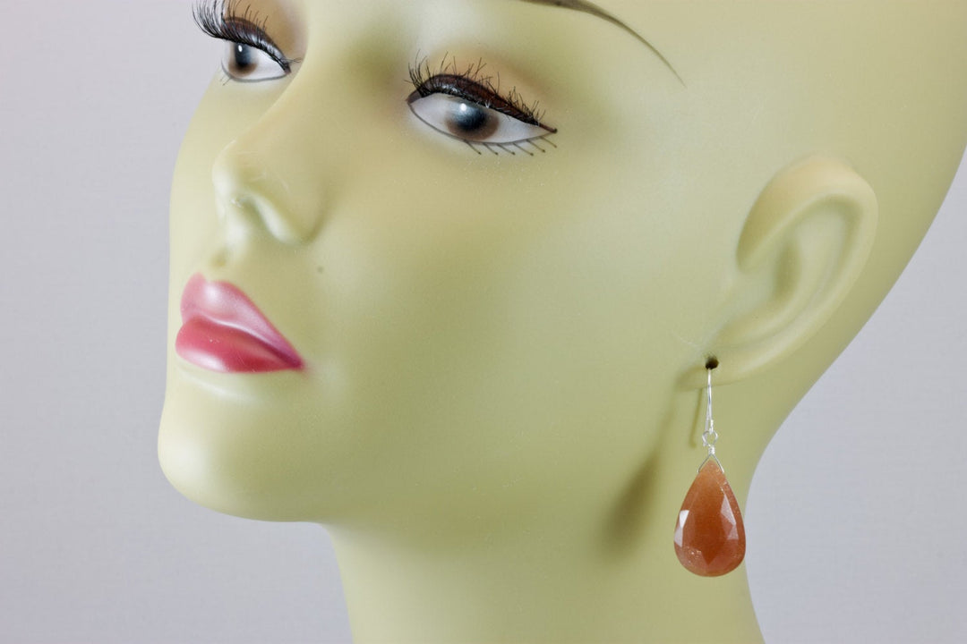 Peach Moonstone Earrings Large Fat Briolette Long Sterling Silver or 14k Solid Gold or Filled Faceted Teardrops huge long natural Drop