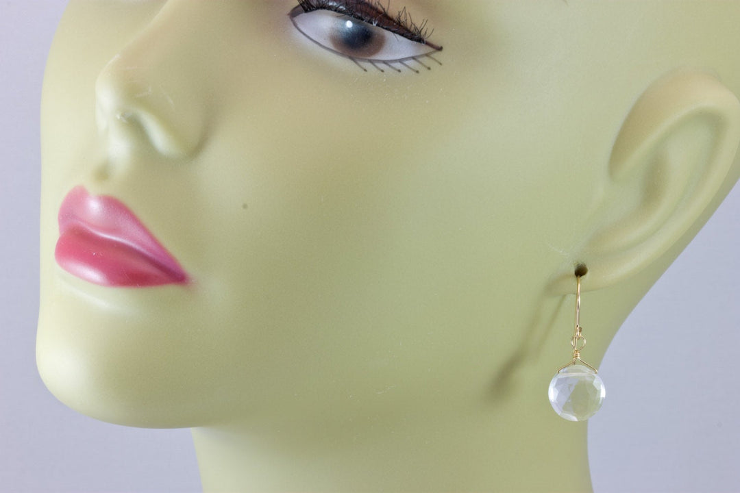 Topaz Earrings Round Briolette Teardrop Dangle faceted Sterling Silver or 14k Solid Gold Filled Clear Colorless Simple Drops Spyglass Design