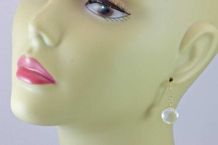 Topaz Earrings Round Briolette Teardrop Dangle faceted Sterling Silver or 14k Solid Gold Filled Clear Colorless Simple Drops Spyglass Design