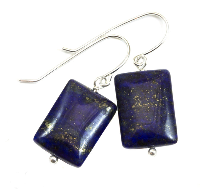 Lapis Earrings Natural Blue Lazuli Rectangle Cut Drops Sterling Silver or 14k Solid Gold or Filled natural blue and pyrite flecks simple