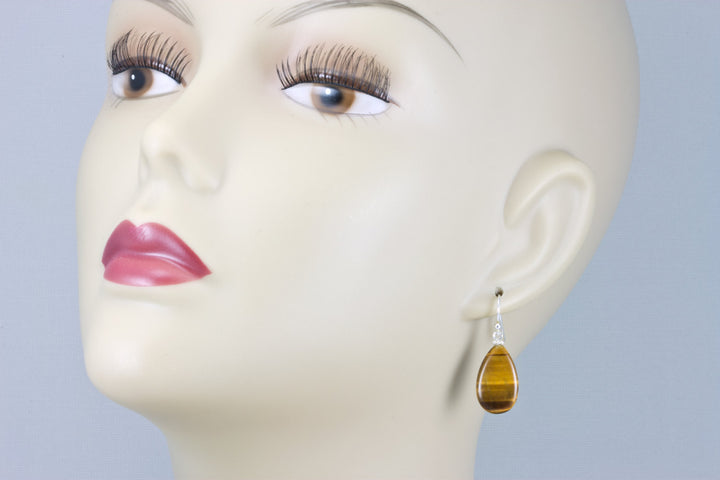 Tiger's Eye Earrings Smooth Oval Teardrop dangle drop Sterling Silver Spyglass Designs Natural Long Pear Shape Select Cut AAA Spyglass