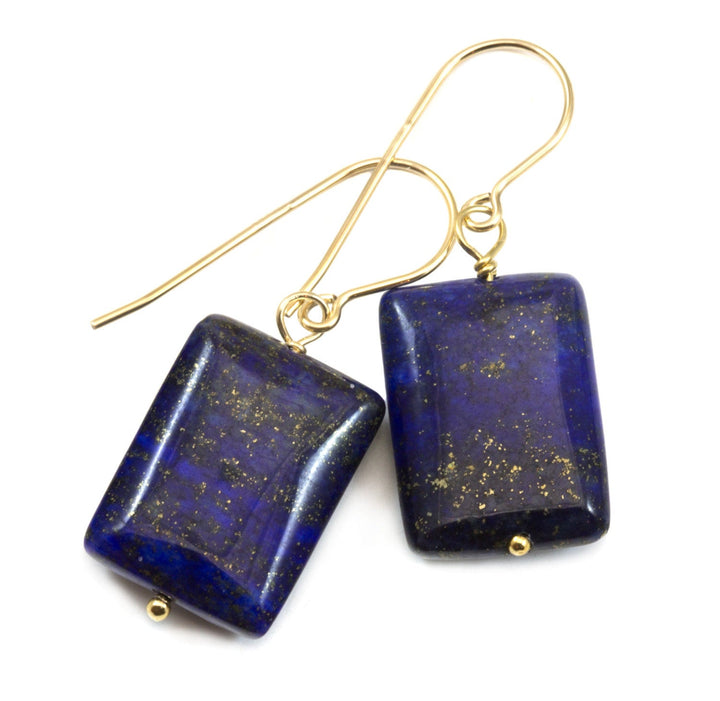 Lapis Earrings Natural Blue Lazuli Rectangle Cut Drops Sterling Silver or 14k Solid Gold or Filled natural blue and pyrite flecks simple