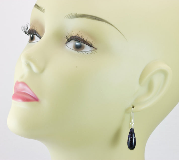 Blue Goldstone Earrings Long Rounded Smooth Briolette Teardrop dangle drop Sterling Silver Earrings Spyglass Designs Drops Golden Sparkle