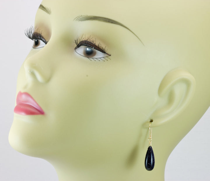 Blue Goldstone Earrings Long Rounded Smooth Briolette Teardrop dangle drop Sterling Silver Earrings Spyglass Designs Drops Golden Sparkle