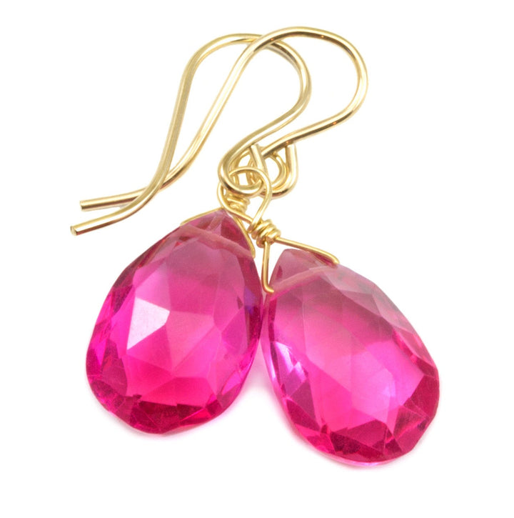 Hot Pink Earrings Faceted Simulated Sapphire Teardrop Drop Dangle Sterling Silver or 14k Solid Yellow Gold or Filled Bright Fuchsia Magenta