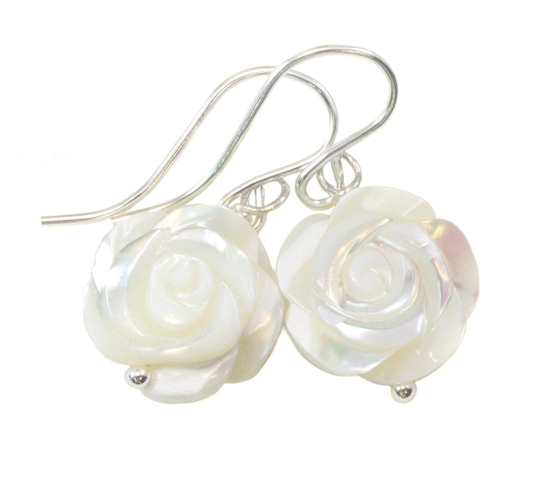 Mother of Pearl Earrings White Rose Shell Carved Roses Natural 14k Solid Gold or Filled or Sterling Silver Simple MOP Lightweight Drop