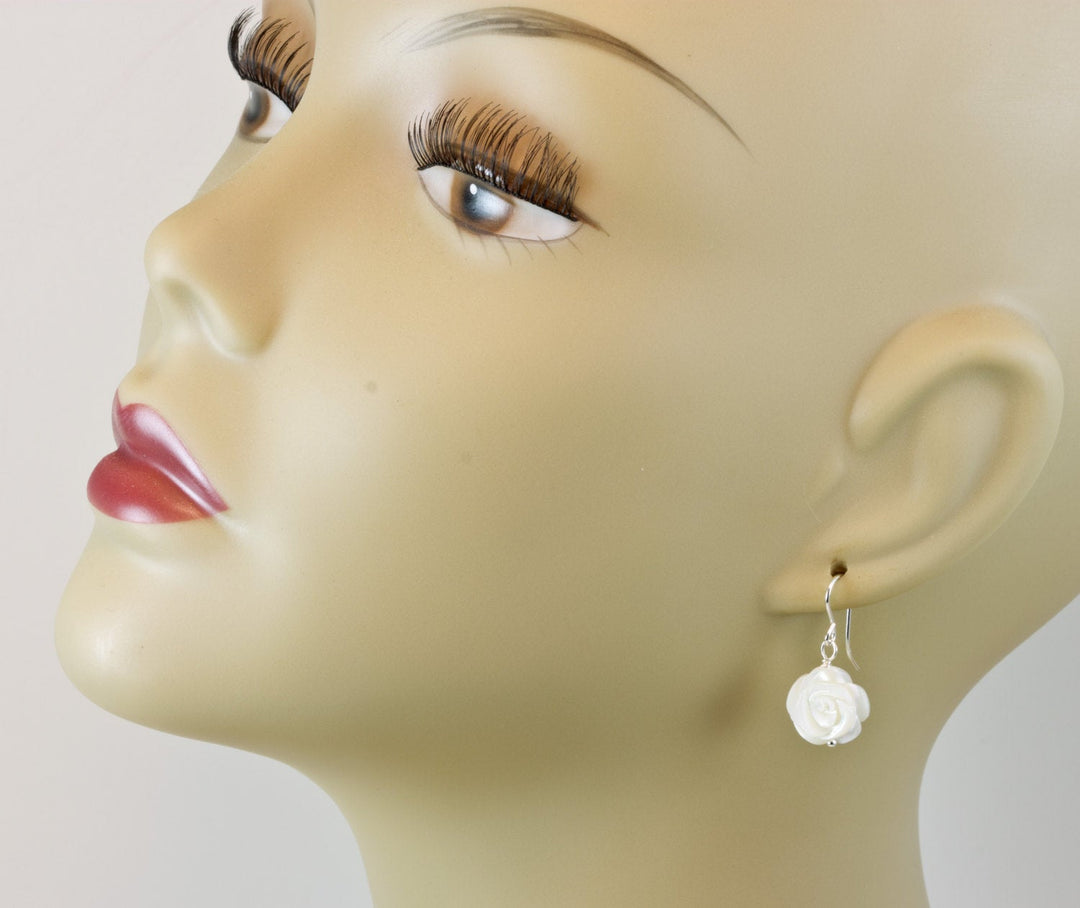 Mother of Pearl Earrings White Rose Shell Carved Roses Natural 14k Solid Gold or Filled or Sterling Silver Simple MOP Lightweight Drop
