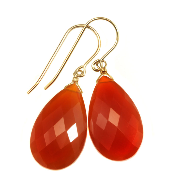 Carnelian Earrings Faceted Pear Large AAA Teardrops 14k Solid Gold or Filled or Sterling Silver Natural Orange Chalcedony Classic drops