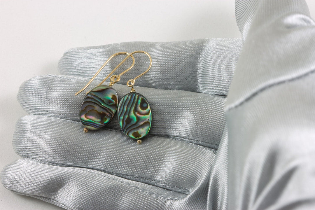 Abalone Earrings Paua Shell Teardrop Natural Peacock Oval 14k Solid Gold or Filled or Sterling Silver Blue Green Ovals Simple Drops MOP